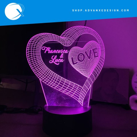 Lampada a led 3d in plexiglass personalizzata con cuori intrecciati e personalizzato con i nomi